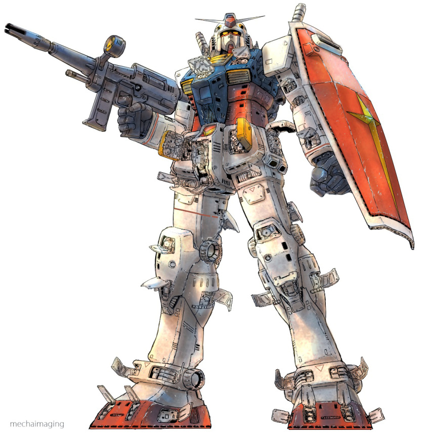 bad_id bad_pixiv_id beam_rifle energy_gun finger_on_trigger full_body gun gundam holding holding_gun holding_shield holding_weapon legs_apart machinery mobile_suit mobile_suit_gundam no_humans rx-78-2 science_fiction shield simple_background solo standing v-fin weapon white_background yamada_yuuji yellow_eyes