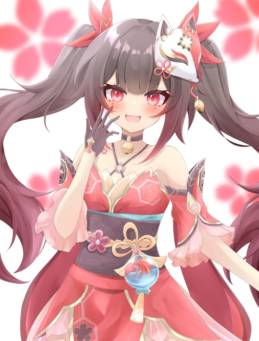 1girl :d bare_shoulders bell black_choker black_gloves blush bow brown_hair choker collarbone cowboy_shot criss-cross_halter detached_sleeves dress fox_mask gloves gradient_hair hair_bow hair_intakes halterneck hand_on_own_cheek hand_on_own_face highres honkai:_star_rail honkai_(series) looking_at_viewer mask mask_on_head multicolored_hair neck_bell o-ring obi open_mouth pelvic_curtain red_bow red_dress red_sleeves redhead sash short_dress short_sleeves simple_background single_glove sleeveless sleeveless_dress smile solo sparkle_(honkai:_star_rail) twintails white_background yubeulua