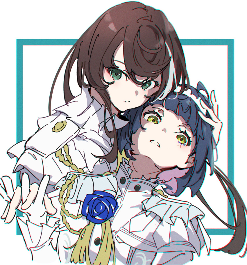 2girls aiguillette aru_(sinsekai) asu_(sinsekai) atenaba blue_flower blue_hair blue_rose brown_hair chromatic_aberration closed_mouth commentary epaulettes flower gloves green_eyes hand_on_another's_head hashtag_only_commentary highres holding_hands jacket long_hair long_sleeves looking_at_viewer multicolored_hair multiple_girls parted_lips rose simple_background sinsekai_studio smile streaked_hair upper_body white_background white_gloves white_hair white_jacket