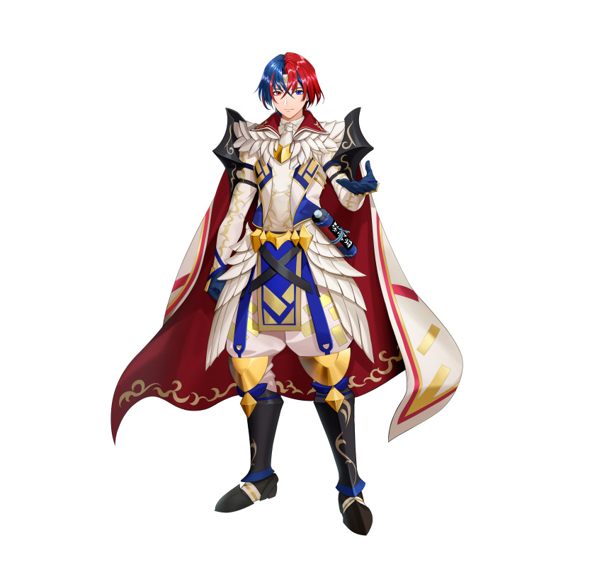 1boy absurdres alear_(engaging_fire)_(fire_emblem) black_footwear blue_eyes blue_gloves blue_hair circlet fire_emblem fire_emblem_engage gloves heterochromia highres looking_at_viewer mikurou_(nayuta) official_alternate_costume pelvic_curtain reaching reaching_towards_viewer red_eyes redhead scroll smile solo