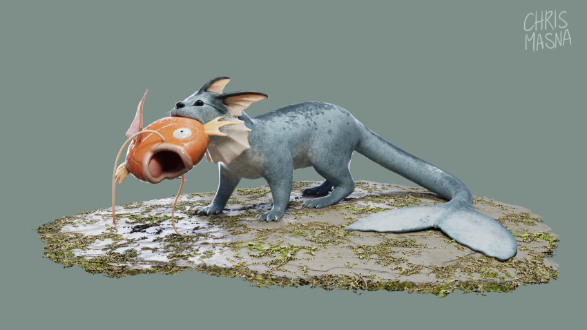 3d absurdres animal_focus artist_name black_eyes blender_(medium) carp chrismasna claws closed_mouth commentary english_commentary fins fish fish_in_mouth fish_tail from_side full_body grass green_background head_fins highres holding magikarp making-of_available mouth_hold no_humans on_ground open_mouth otter pokemon pokemon_(creature) predation realistic signature simple_background standing tail tongue vaporeon whiskers wide-eyed