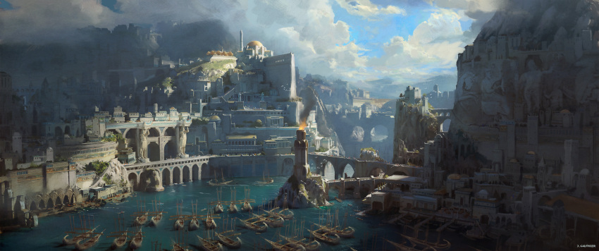 absurdres aqueduct boat bridge canyon city cliff clouds cloudy_sky dome fantasy fire highres mountain no_humans numenor official_art renart rings_of_power river scenery sky smoke tolkien's_legendarium trireme water watercraft waterfall watermark