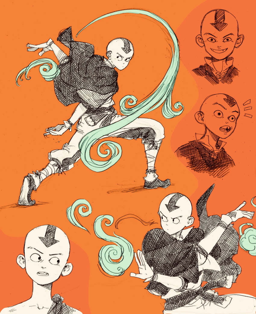 1boy aang arrow_(symbol) aten_man avatar:_the_last_airbender avatar_legends bald child commentary english_commentary facial_mark fighting_stance full_body highres male_focus orange_background sketch smile solo teeth