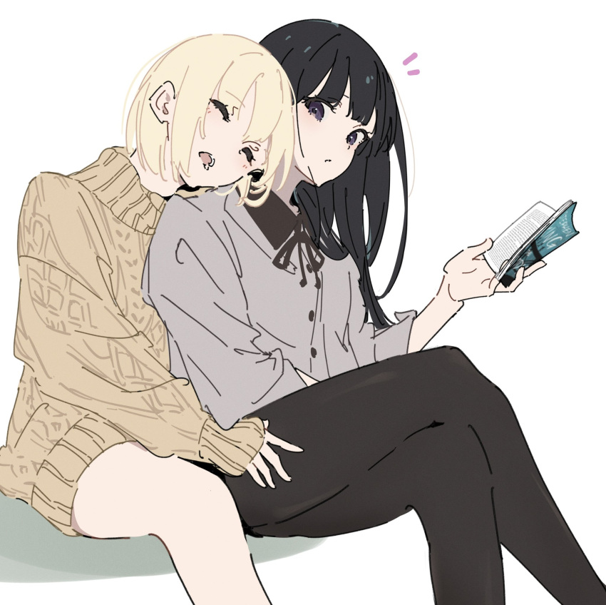 2girls atenaba bare_legs black_hair black_pantyhose blonde_hair book brown_ribbon brown_sweater cable_knit closed_eyes collared_shirt drooling grey_shirt hand_on_another's_shoulder hand_on_another's_thigh highres holding holding_book inoue_takina long_hair long_sleeves lycoris_recoil medium_hair multiple_girls neck_ribbon nishikigi_chisato notice_lines open_mouth pantyhose parted_lips ribbon shirt simple_background sitting sleeping sleeves_past_wrists sweater violet_eyes white_background yuri