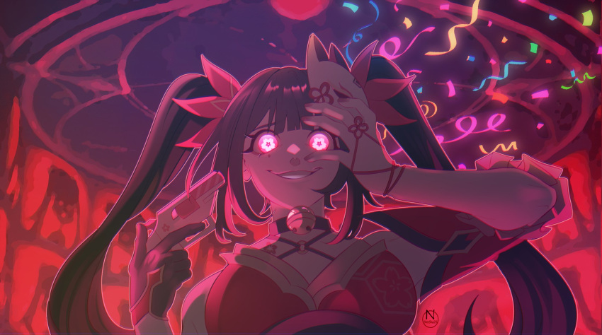 1girl :d bell black_choker black_gloves bow breasts brown_hair choker confetti crazy_eyes criss-cross_halter dress english_commentary flower-shaped_pupils fox_mask gloves glowing glowing_eyes grin gun gun_to_head hair_bow halterneck hand_on_own_head highres holding holding_gun holding_weapon honkai:_star_rail honkai_(series) large_breasts long_hair looking_at_viewer mask mask_on_head n_steisha25 nail_polish neck_bell o-ring open_mouth pink_eyes red_bow red_dress red_nails revolver sidelocks single_glove sleeveless sleeveless_dress smile snubnosed_revolver solo sparkle_(honkai:_star_rail) straight-on symbol-shaped_pupils teeth twintails upper_body watermark weapon