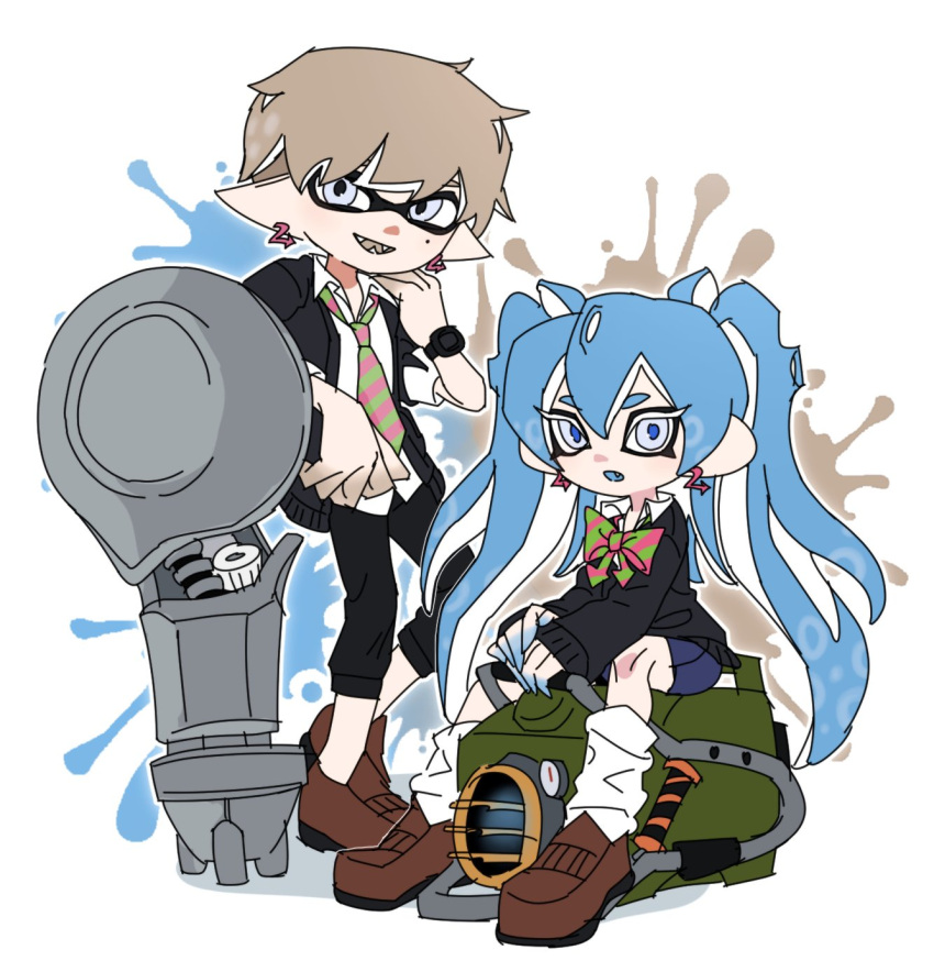 1boy 1girl black_pants blue_eyes blue_hair bow bowtie brown_footwear colored_eyelashes commentary_request earrings explosher_(splatoon) eyelashes fang fangs full_body green_bow green_bowtie green_necktie grey_eyes grey_hair gun highres ikki_(gsl_9708) inkling inkling_boy inkling_player_character jewelry korean_commentary leg_warmers long_hair mole mole_under_eye nautilus_(splatoon) necktie octoling octoling_girl octoling_player_character open_mouth paint_splatter pants pink_bow pink_bowtie pink_necktie pointy_ears sharp_teeth shoes short_hair simple_background sitting sleeves_past_wrists smile splatoon_(series) splatoon_3 standing striped_bow striped_bowtie striped_clothes striped_necktie teeth tentacle_hair thick_eyebrows twintails two-tone_bowtie two-tone_necktie weapon white_background