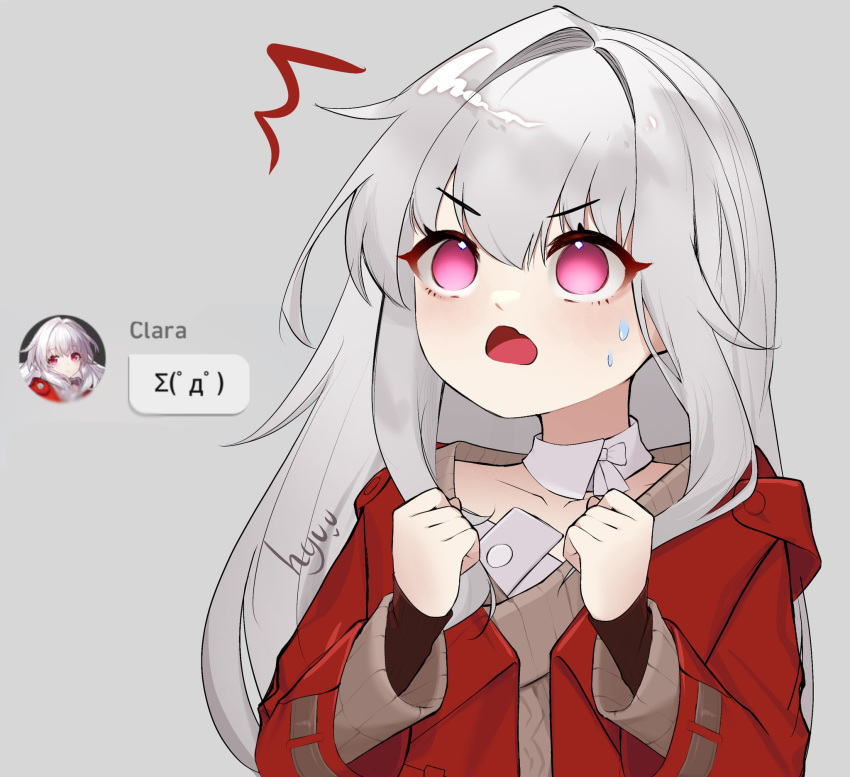 1girl brown_sweater clara_(honkai:_star_rail) coat detached_collar english_commentary highres honkai:_star_rail honkai_(series) hyuu_(lblank27) jacket long_hair open_clothes open_mouth pink_eyes red_coat surprised sweatdrop sweater upper_body white_background white_hair