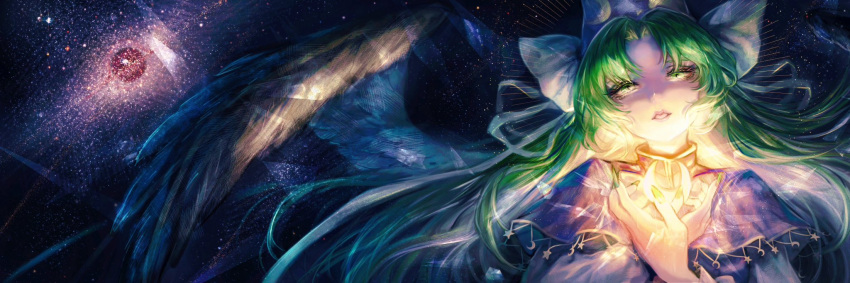 1girl capelet crescent crescent_print dark_background feathered_wings glowing green_eyes green_hair hat highres kyogoku-uru lips long_hair looking_at_viewer mima_(touhou) parted_lips revision simple_background solo space star_(symbol) starry_background touhou touhou_(pc-98) upper_body very_long_hair wings