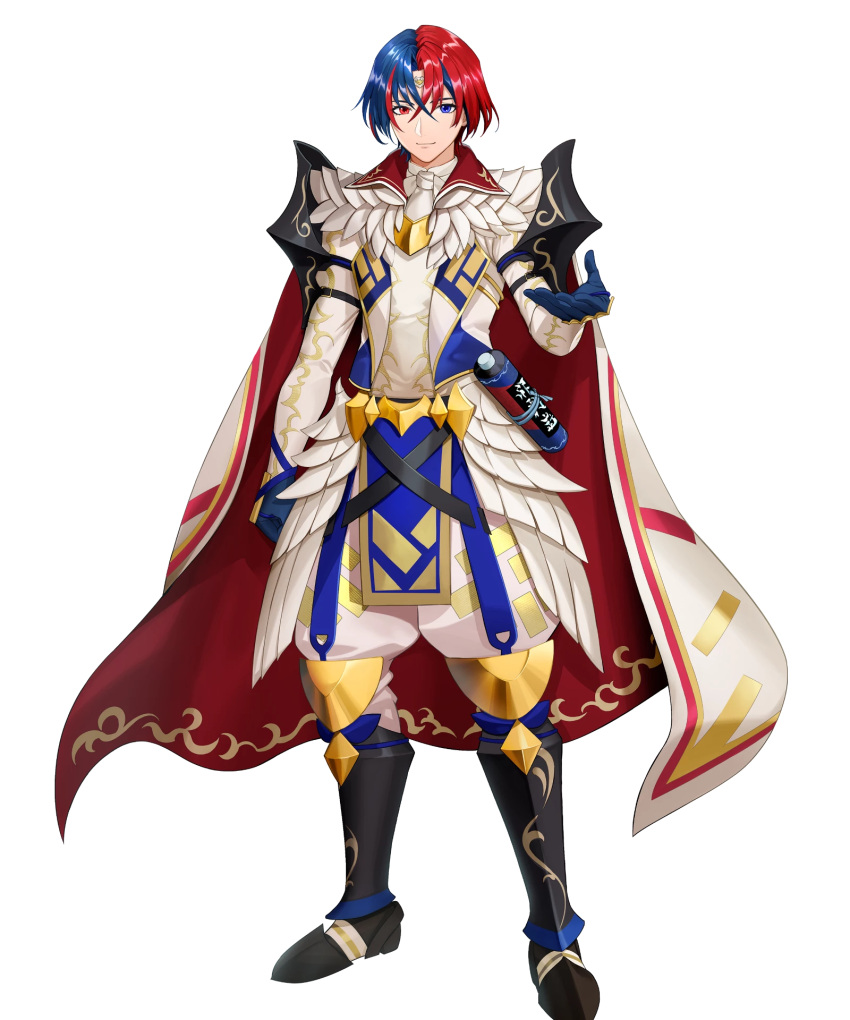 1boy alear_(engaging_fire)_(fire_emblem) black_footwear blue_eyes blue_gloves blue_hair circlet fire_emblem fire_emblem_engage gloves heterochromia highres looking_at_viewer mikurou_(nayuta) non-web_source official_alternate_costume pelvic_curtain reaching reaching_towards_viewer red_eyes redhead scroll smile solo