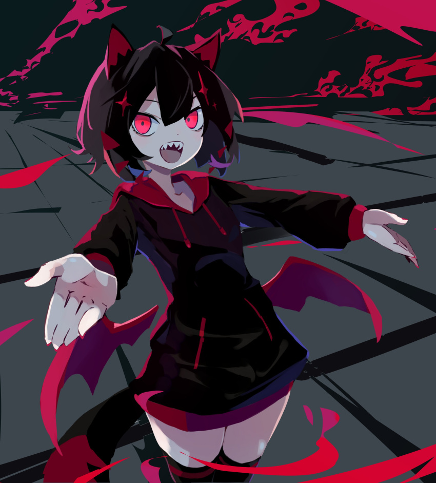 1girl absurdres ahoge animal_ears bat_wings black_hair black_thighhighs cat_ears cat_girl cat_tail commission facing_viewer foreshortening hair_between_eyes hantic888 highres hood hoodie legs_together looking_at_viewer low_wings open_mouth outstretched_arms pale_skin pink_eyes pink_nails sharp_teeth short_hair skeb_commission solo sparkle standing tabaru_neko_(vrchat) tail teeth thigh-highs upper_body vrchat wings zettai_ryouiki