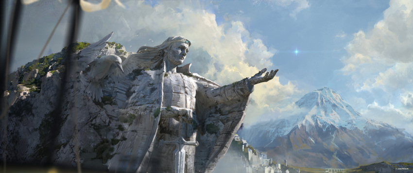 absurdres blurry blurry_foreground canyon city clouds cloudy_sky fantasy highres mountain mountainous_horizon no_humans numenor official_art renart rings_of_power scenery sky star_(sky) statue tolkien's_legendarium watermark