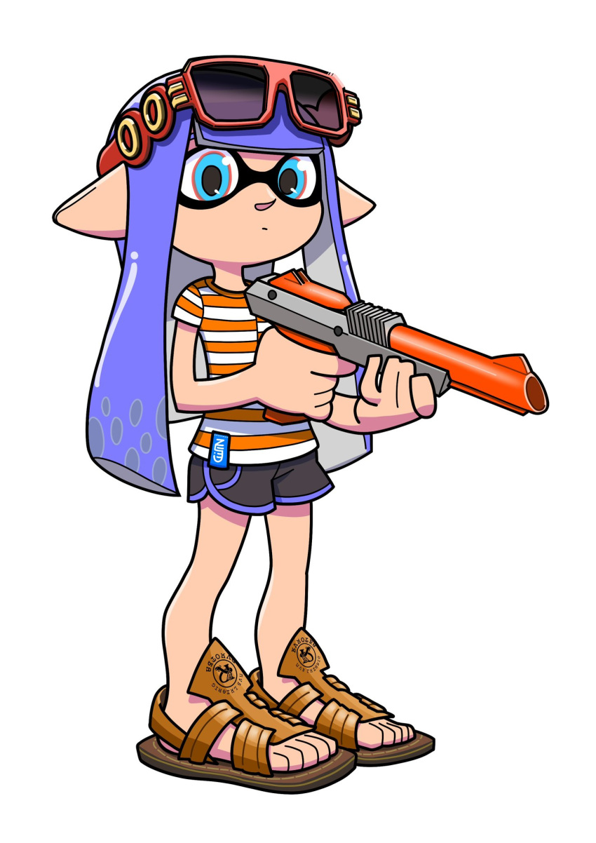 1girl black_shorts blue_eyes blue_hair blue_trim brown_footwear closed_mouth commentary_request dolphin_shorts eyewear_on_head full_body gun highres hiking_sandals holding holding_gun holding_weapon inkling inkling_girl inkling_player_character long_hair n-zap_(splatoon) orange_shirt pointy_ears red-framed_eyewear sandals shirt short_shorts shorts simple_background solo splatoon_(series) splatoon_3 standing striped_clothes striped_shirt sunglasses tentacle_hair toes two-tone_shirt weapon white_background white_shirt xdies_ds