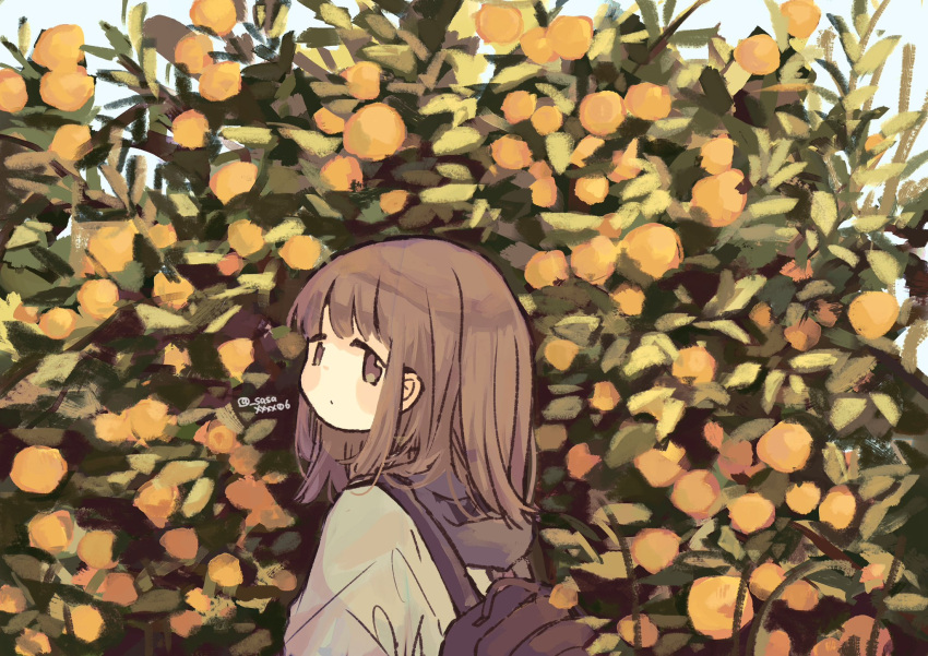 1girl backpack bag blush brown_eyes brown_hair bush closed_mouth day dot_mouth expressionless from_side green_jacket highres hood hood_down hooded_jacket jacket long_hair looking_at_viewer orange_tree original outdoors plant sasaxxxx06 solo straight_hair twitter_username upper_body