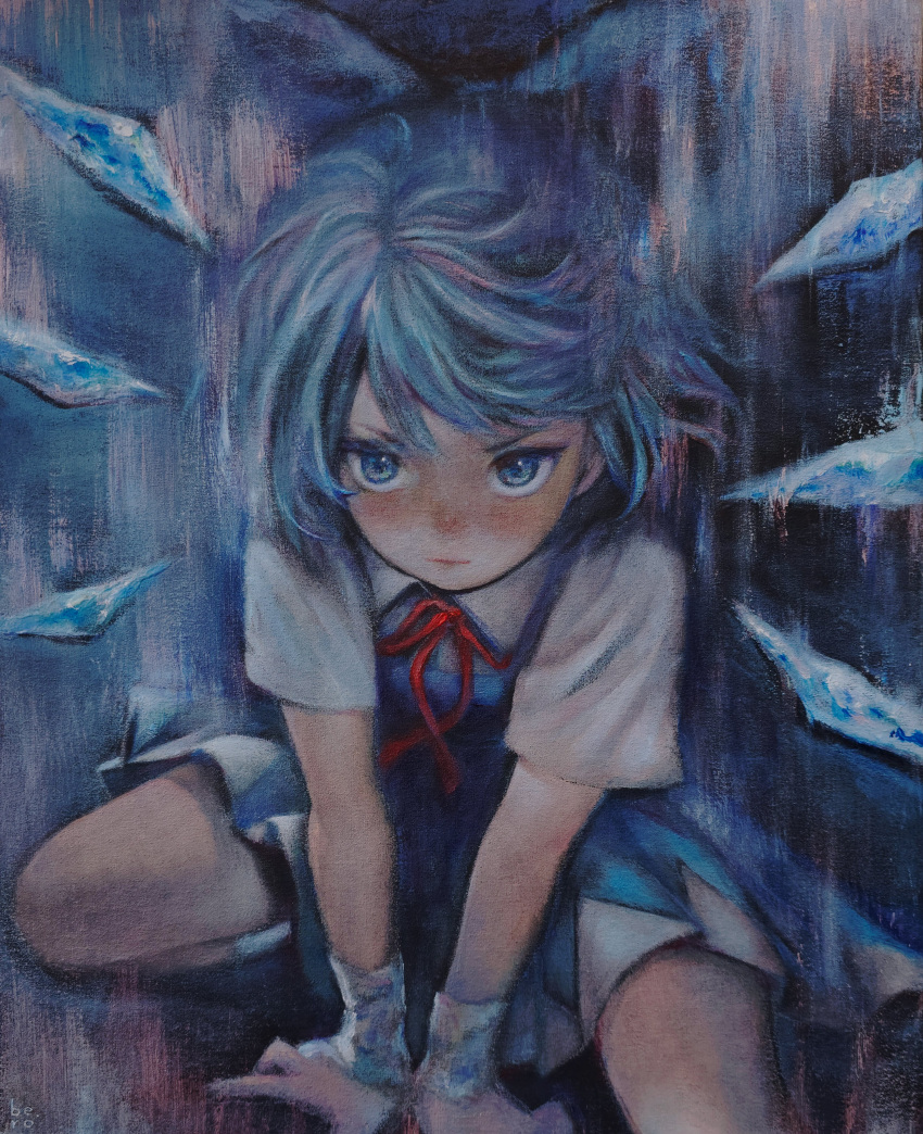 1girl absurdres between_legs blue_bow blue_dress blue_eyes blue_hair blush bow cirno closed_mouth dark_background dress hair_bow hand_between_legs highres ice ice_wings looking_at_viewer oil_painting_(medium) painting_(medium) pinafore_dress shirt short_hair sleeveless sleeveless_dress squatting svveetberry touhou traditional_media v-shaped_eyebrows white_shirt wings