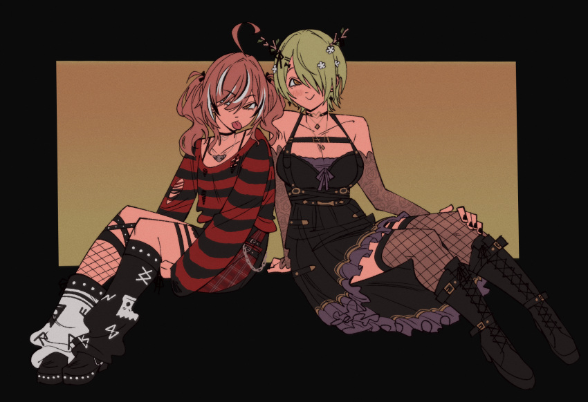 2girls ahoge antler_ribbon antlers belt_chain black_sweater breasts brown_eyes brown_hair ceres_fauna ceres_fauna_(4th_costume) choker detached_sleeves emo_fashion fishnets flower frilled_skirt frills goth_fashion gutalalaman hair_flower hair_ornament hair_over_one_eye harness heart heart_choker highres hololive hololive_english horns lace_sleeves large_breasts looking_at_viewer multicolored_hair multiple_girls nanashi_mumei nanashi_mumei_(4th_costume) o-ring o-ring_harness official_alternate_costume official_alternate_hairstyle purple_undershirt red_sweater short_hair simple_background skirt streaked_hair striped_clothes striped_sweater sweater tongue tongue_out torn_clothes torn_sweater two-tone_sweater virtual_youtuber yellow_eyes