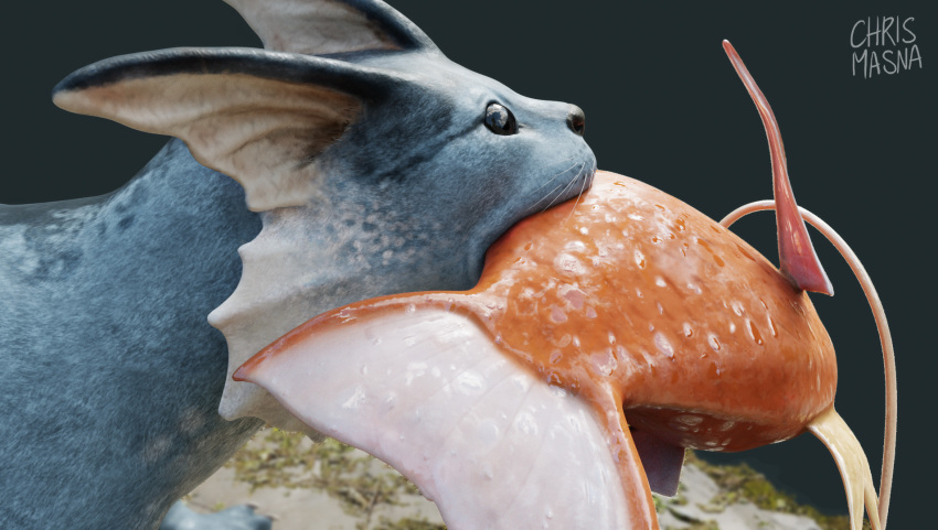 3d animal_focus artist_name black_eyes blender_(medium) carp chrismasna claws closed_mouth commentary english_commentary fins fish fish_in_mouth fish_tail from_side grass green_background head_fins highres holding magikarp making-of_available mouth_hold no_humans on_ground open_mouth otter pokemon pokemon_(creature) predation realistic signature simple_background standing tail tongue vaporeon whiskers wide-eyed