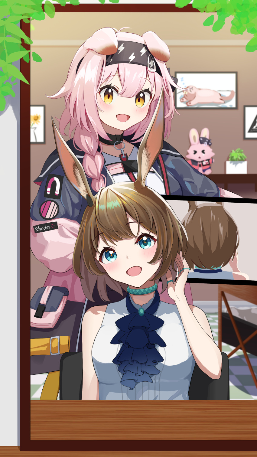 2girls absurdres alternate_hairstyle amiya_(arknights) animal_ears aoyama_kou arknights ascot blue_choker blue_eyes braid brown_hair cat_ears choker coat goldenglow_(arknights) hairband highres holding holding_mirror jewelry mirror multiple_girls pink_coat pink_hair plant potted_plant rabbit_ears reflection ring shirt side_braid sleeveless sleeveless_shirt stuffed_animal stuffed_rabbit stuffed_toy yellow_eyes