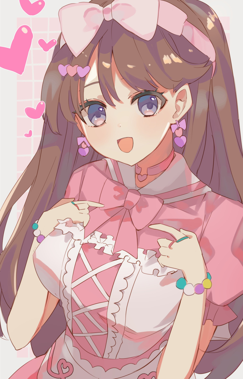 1girl :d absurdres bead_bracelet beads bow bow_earrings bowtie bracelet breasts brown_hair choker commentary cross-laced_clothes cross-laced_dress dress earrings eyebrows_hidden_by_hair fujishima_megumi grid_background hair_bow hair_ornament hairband halterneck hands_on_own_chest heart heart_choker heart_earrings heart_hair_ornament highres jewelry large_breasts link!_like!_love_live! long_hair looking_at_viewer love_live! nagisa_iori parted_bangs pink_bow pink_bowtie pink_dress pink_hairband smile solo violet_eyes