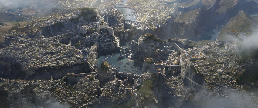 absurdres aqueduct boat bridge canyon city cliff dome fantasy from_above highres landscape mountain no_humans numenor official_art renart rings_of_power river scenery tolkien's_legendarium watercraft