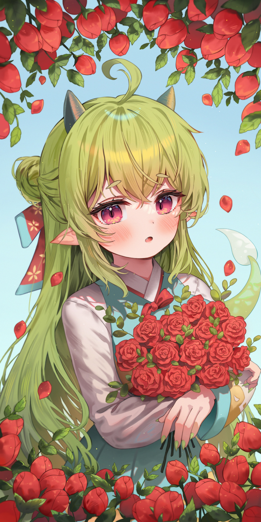 1girl absurdres ahoge arme_(cgsy7484) blue_background blush bow bud commission cowboy_shot crossed_arms dress falling_petals fang fingernails floral_print flower green_bow green_dress green_hair green_horns green_nails green_tail hair_between_eyes hair_bow hair_bun highres horns hugging_object korean_commentary leaf long_hair long_sleeves looking_at_viewer multicolored_bow nail_polish open_mouth original petals pointy_ears print_bow red_bow red_eyes red_flower red_rose rose single_hair_bun slit_pupils solo two-tone_dress white_dress