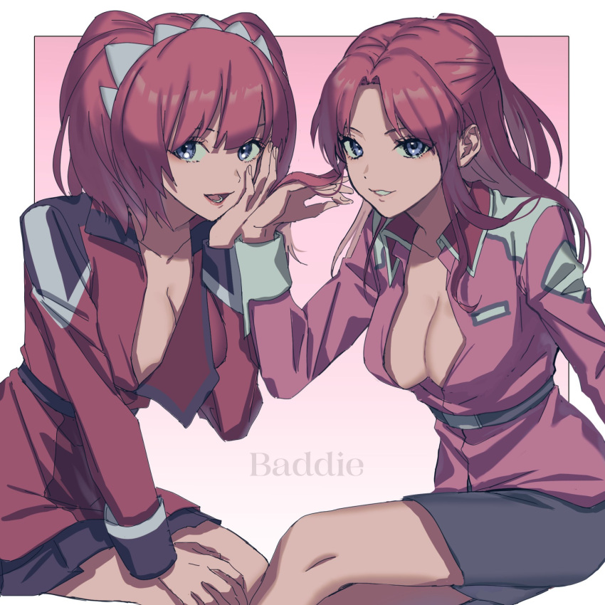 2girls agnes_giebenrath black_skirt blue_eyes breasts flay_allster gundam gundam_seed gundam_seed_freedom hair_ornament highres jacket large_breasts lipstick long_hair looking_at_viewer makeup military military_uniform multiple_girls open_clothes open_jacket open_mouth oyu_de_toku pink_hair pleated_skirt redhead sitting skirt smile twintails uniform violet_eyes voice_actor_connection