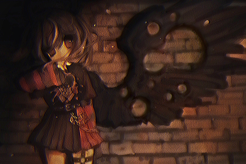 1girl 2000s_(style) arm_up black_wings brick_wall brown_eyes brown_hair derivative_work english_commentary film_grain highres hololive hololive_english horror_(theme) long_hair long_sleeves mollymishy multicolored_hair nanashi_mumei nanashi_mumei_(4th_costume) nightmare_(nanashi_mumei) o-ring o-ring_thigh_strap official_alternate_costume plaid plaid_skirt pleated_skirt single_wing skirt solo standing streaked_hair thigh_strap virtual_youtuber wings