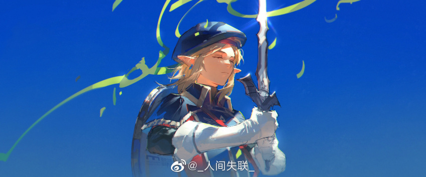 1boy armor bishounen black_sleeves blonde_hair blue_collar blue_headwear blue_sky breastplate chinese_commentary closed_eyes closed_mouth collar commentary_request ear_piercing earrings eyelashes gleam gloves hat high_collar highres holding holding_sword holding_weapon hoop_earrings jewelry layered_sleeves light_frown link long_sleeves male_focus master_sword piercing pointy_ears red_shirt red_sleeves renjian_shilian shield shield_on_back shirt short_hair_with_long_locks short_over_long_sleeves short_sleeves shoulder_pads sky solo streamers sword the_legend_of_zelda the_legend_of_zelda:_tears_of_the_kingdom upper_body watermark weapon weibo_logo weibo_username white_gloves