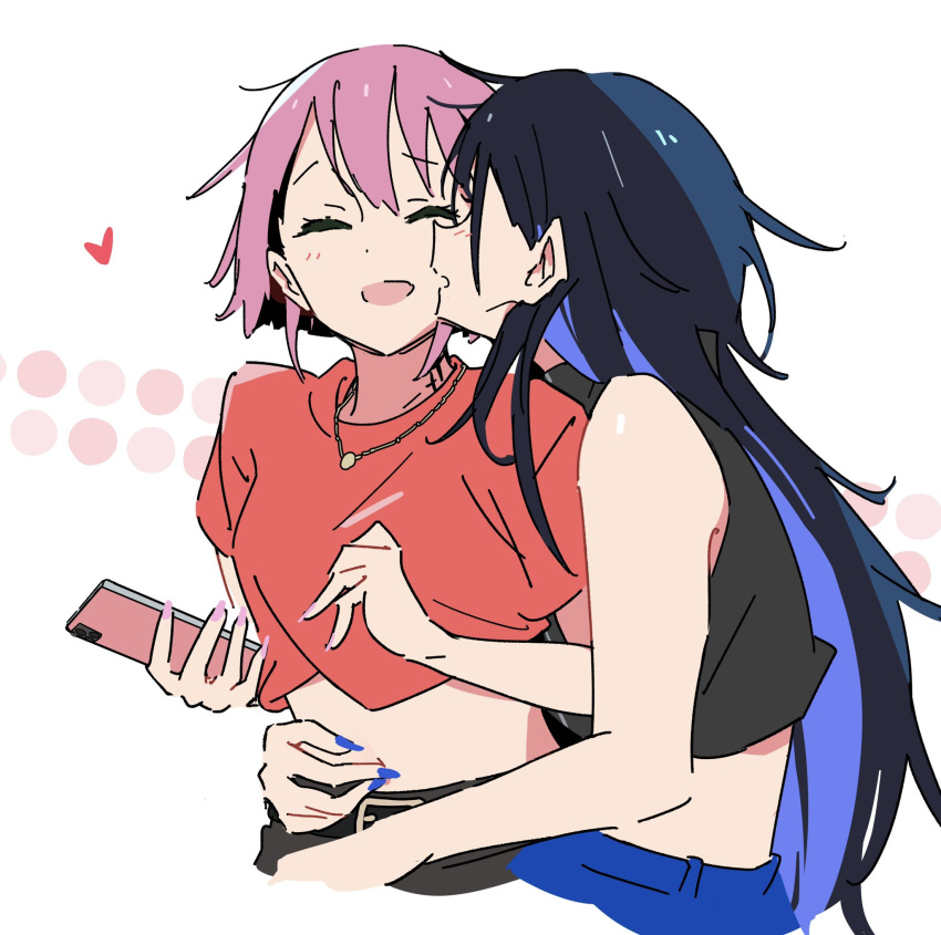 2girls atenaba bare_arms belt black_hair black_tank_top blue_hair blue_nails blush cellphone closed_eyes colored_inner_hair commentary crop_top fingernails hand_on_another's_waist hashtag_only_commentary heart highres holding holding_phone jewelry kiss kissing_cheek kororon_(song) long_fingernails multicolored_hair multiple_girls necklace open_mouth phone pink_hair red_shirt shirt short_hair short_sleeves simple_background smartphone smile tank_top upper_body white_background yuri
