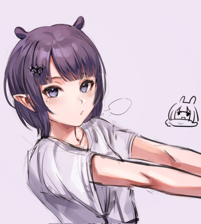 1girl blue_eyes commentary eyelashes grey_background highres hololive hololive_english koaen0024 light_blush looking_at_viewer mole mole_under_eye ninomae_ina'nis ninomae_ina'nis_(5th_costume) pointy_ears pout purple_hair shirt short_hair sketch solo stretching unfinished upper_body virtual_youtuber white_shirt