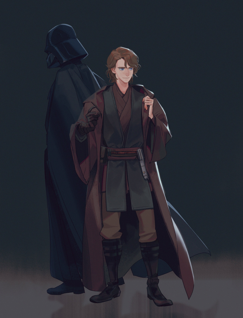 2boys absurdres anakin_skywalker belt black_cape black_footwear black_vest blue_eyes boots brown_coat brown_gloves brown_hair brown_pants brown_shirt cape closed_mouth coat darth_vader dual_persona energy_sword english_commentary full_body gloves grey_background hands_up helmet highres hood hooded_coat lightsaber long_sleeves looking_to_the_side male_focus multiple_boys open_clothes open_coat pants papaya_mm red_belt reflection scar scar_across_eye shirt short_hair simple_background single_glove smile standing star_wars star_wars:_revenge_of_the_sith sword vest weapon wide_sleeves