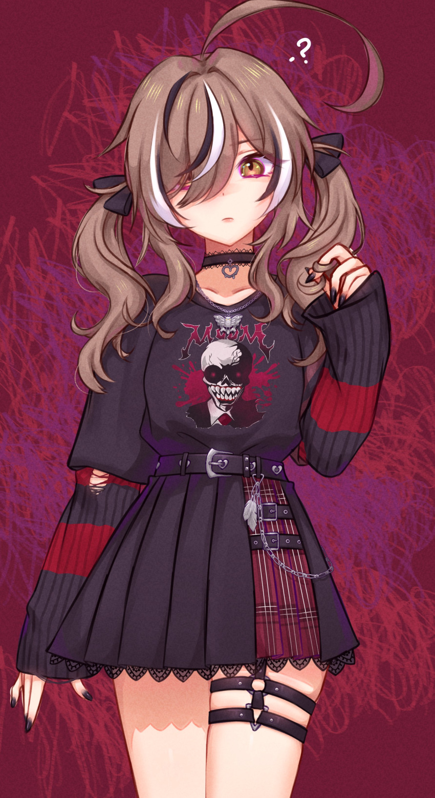 1girl absurdres ahoge arynah belt belt_chain black_nails black_ribbon black_shirt black_skirt black_sweater brown_eyes brown_hair choker emo_fashion feathers hair_over_one_eye hair_ribbon heart heart_choker highres hololive hololive_english huge_ahoge lace-trimmed_choker lace_trim multicolored_hair nanashi_mumei nanashi_mumei_(4th_costume) o-ring o-ring_thigh_strap official_alternate_costume official_alternate_hairstyle pleated_skirt red_sweater ribbon shirt shirt_tucked_in skirt squiggle streaked_hair striped_clothes striped_sweater sweater sweater_under_shirt thigh_strap torn_clothes torn_sweater twintails two-tone_sweater virtual_youtuber