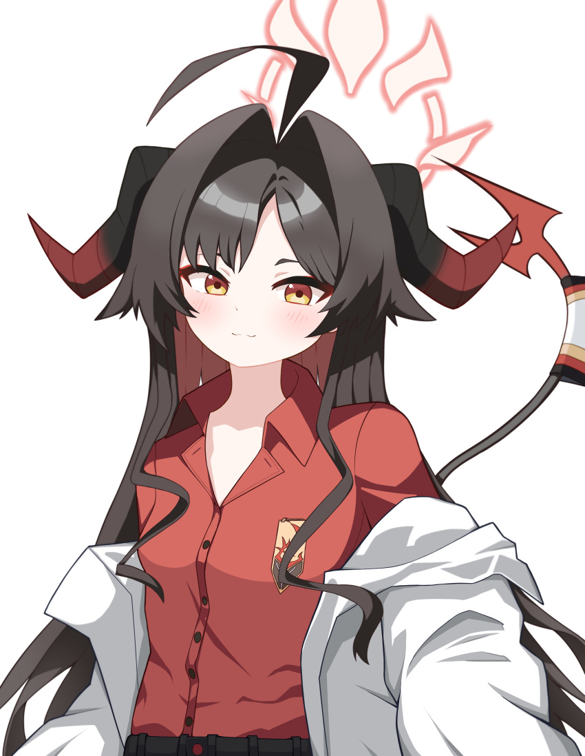 1girl :3 absurdres ahoge armband belt black_belt black_hair blue_archive blush breasts brown_eyes brown_hair closed_mouth collarbone collared_shirt commentary_request demon_girl demon_horns demon_tail dress_shirt hair_intakes halo highres horns kasumi_(blue_archive) korean_commentary lab_coat looking_at_viewer multicolored_hair off_shoulder open_clothes red_shirt shirt simple_background small_breasts solo sprout_(haji_s) tail two-tone_hair white_background