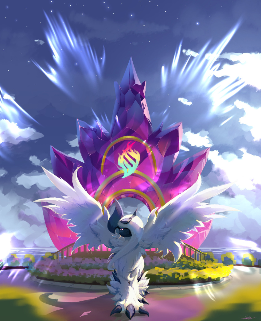 absol absurdres bright_pupils claws closed_mouth clouds crystal frown highres likey looking_at_viewer mega_absol no_humans outdoors pokemon pokemon_(creature) red_eyes sky solo standing white_fur white_pupils