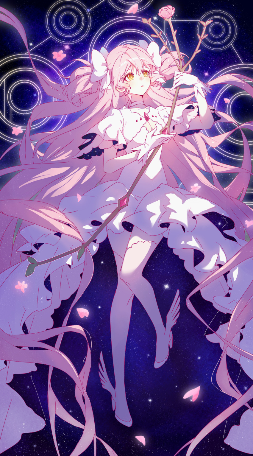1girl absurdres bow bow_(weapon) choker cleavage_cutout clothing_cutout collarbone commentary dress falling_petals floating_hair flower full_body gloves goddess_madoka hair_bow highres holding holding_bow_(weapon) holding_weapon kaname_madoka layered_sleeves leg_wings long_hair mahou_shoujo_madoka_magica mahou_shoujo_madoka_magica_(anime) parted_lips petals pink_flower pink_hair pink_rose pink_thighhighs risheng_yueyin rose short_sleeves sky solo sparkle star_(sky) starry_sky starry_sky_print thigh-highs two-sided_fabric two_side_up very_long_hair weapon white_choker white_dress white_footwear white_gloves wings yellow_eyes