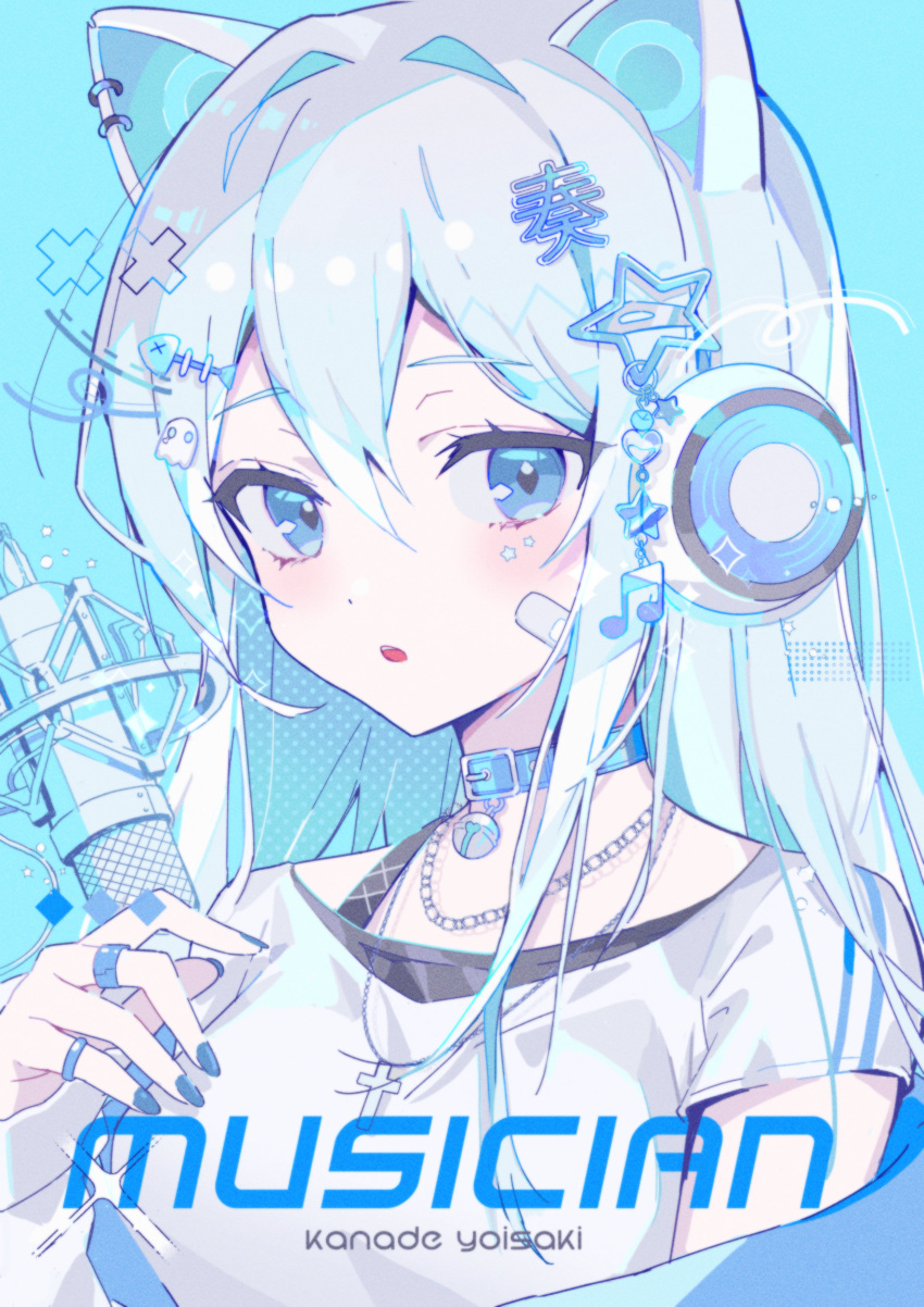 1girl absurdres animal_ear_headphones animal_ears asymmetrical_sleeves bandaid bell black_undershirt blue_background blue_choker blue_eyes blue_nails blue_stripes blush breasts cat_ear_headphones character_name choker cropped_torso cross cross_necklace english_commentary english_text fake_animal_ears fish_hair_ornament ghost_hair_ornament hair_between_eyes hair_ornament hairclip headphones heart heart_hair_ornament highres jewelry long_hair looking_at_viewer medium_breasts microphone musical_note musical_note_hair_ornament neck_bell necklace parted_lips pazzi_(zzxh2354) project_sekai ring shirt sidelocks single_sleeve star_(symbol) star_hair_ornament strap studio_microphone white_hair white_headphones white_headwear white_shirt x yoisaki_kanade