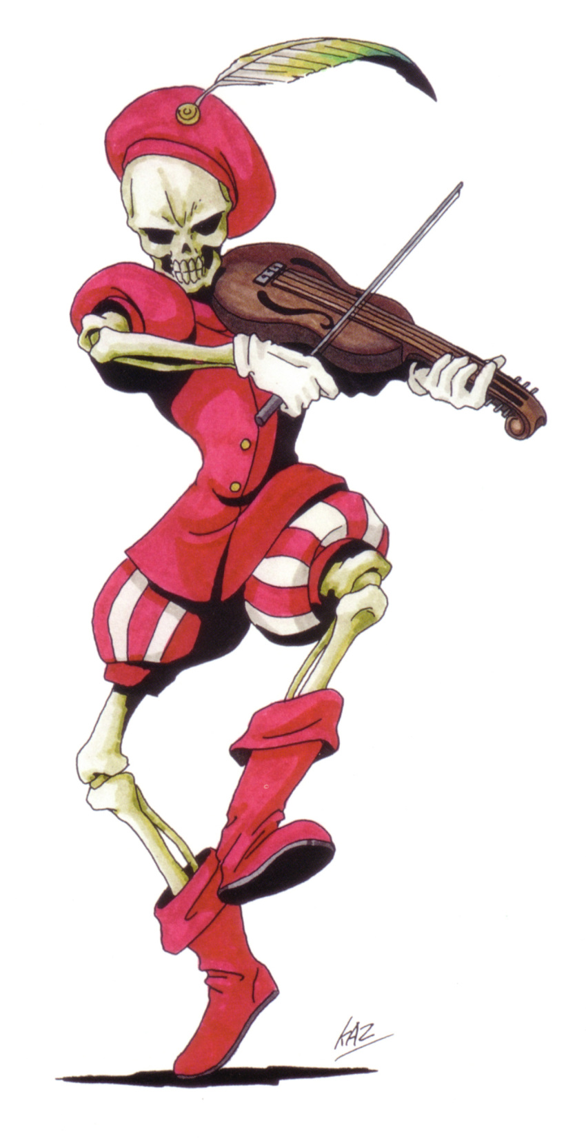 1other absurdres bad_source boots david_(shin_megami_tensei) full_body gloves hands_up highres holding holding_instrument holding_violin instrument kazuma_kaneko looking_at_viewer music official_art other_focus pink_footwear pink_headwear pink_shirt pink_shorts playing_instrument puffy_short_sleeves puffy_shorts puffy_sleeves shin_megami_tensei shirt short_sleeves shorts signature simple_background skeleton solo standing standing_on_one_leg striped_clothes striped_shorts tachi-e undead vertical-striped_clothes vertical-striped_shorts violin white_background white_gloves