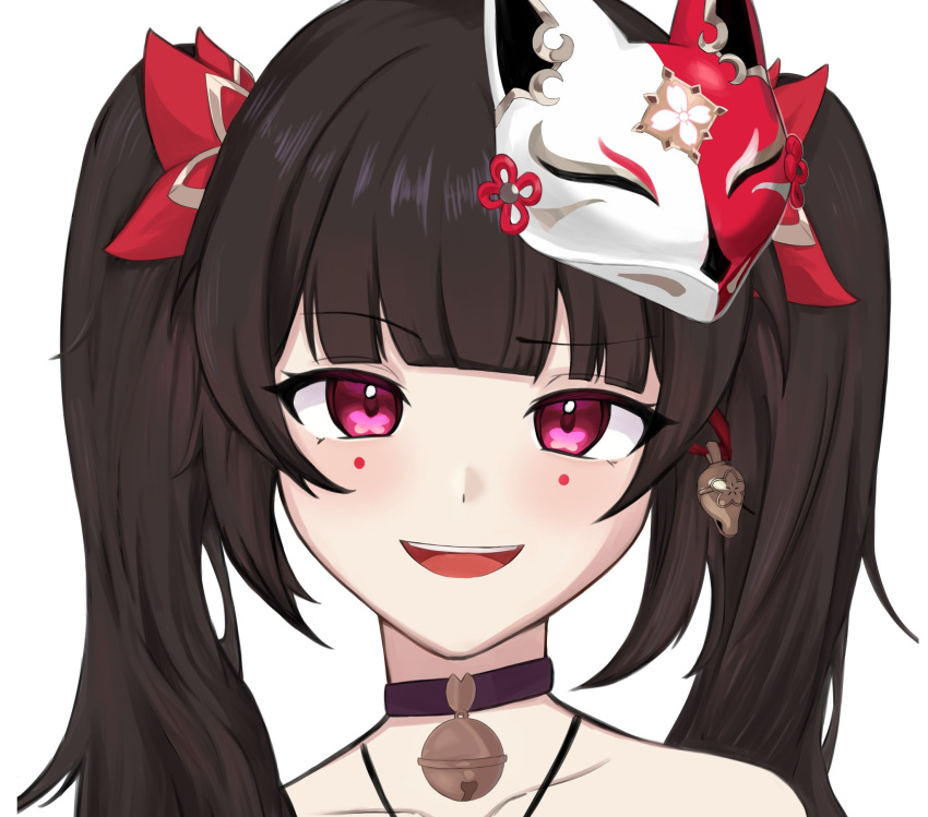 1girl :d bare_shoulders bell black_choker blush bow brown_hair choker close-up collarbone fox_mask hair_bow highres honkai:_star_rail honkai_(series) long_hair looking_at_viewer mask mask_on_head neck_bell open_mouth pink_eyes portrait raised_eyebrow red_bow ryoko_0111 sidelocks smile solo sparkle_(honkai:_star_rail) straight-on teeth twintails upper_teeth_only