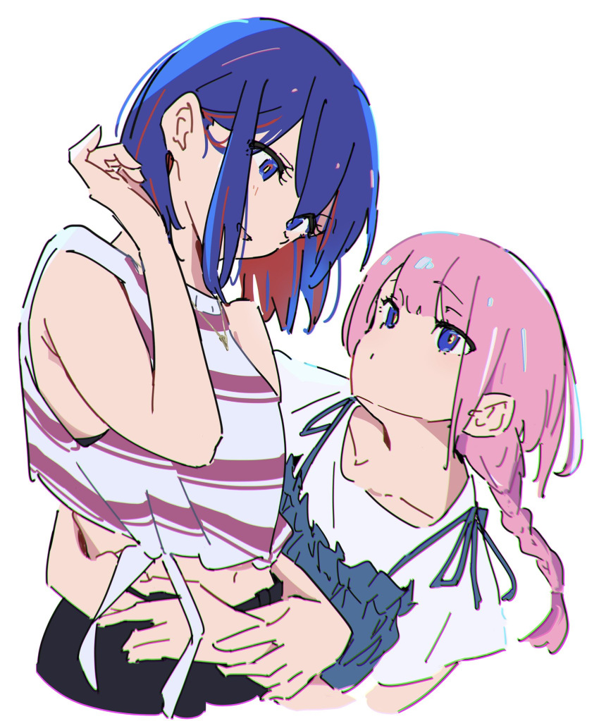 2girls atenaba bare_arms blue_dress blue_hair braid chromatic_aberration closed_mouth colored_inner_hair dress hand_on_another's_wrist hands_on_another's_waist highres jewelry kaf_(kamitsubaki_studio) kamitsubaki_studio long_hair looking_at_another multicolored_hair multiple_girls necklace parted_lips pink_hair pink_shirt red_eyes redhead rim_(kamitsubaki_studio) shirt simple_background single_braid sleeveless sleeveless_shirt smile striped_clothes striped_shirt white_background white_shirt yellow_pupils yuri