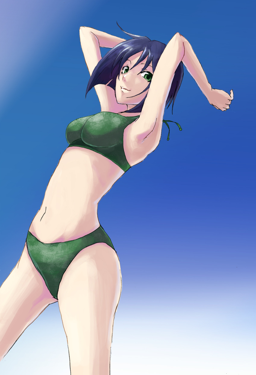 bikini blue_hair border_break green_eyes highres majime short_hair swimsuit tankini