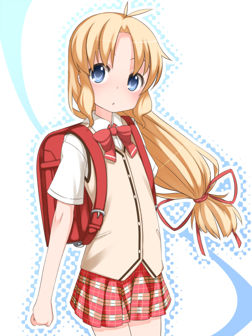 bag blonde_hair blue_eyes highres kashiwagi_hatsune kizuato long_hair plaid randoseru school_uniform shouji_ayumu skirt tartan vest