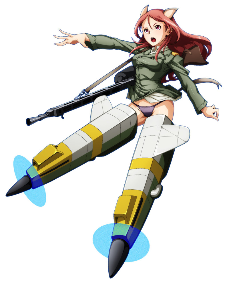 gun hands highres long_hair machine_gun military military_uniform minna-dietlinde_wilcke open_mouth outstretched_arm outstretched_hand panties pink_eyes red_hair redhead simple_background solo strike_witches striker_unit striker_units tabigarasu tail taut_shirt underwear uniform weapon