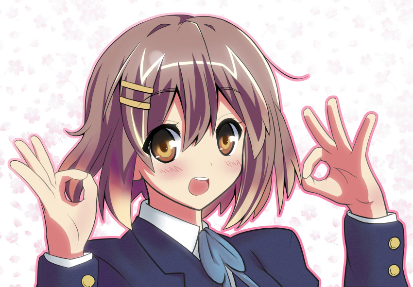 brown_eyes brown_hair gesture hand_gesture highres hirasawa_yui k-on! koubuin ok_sign school_uniform short_hair