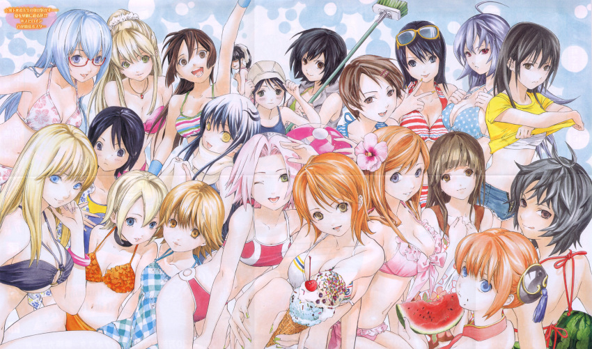 +6girls :p ahoge aida_riko akimoto_katherine_reiko amamiya_sakurako annotated aoi_hana_(oumagadoki_doubutsuen) asaki_chika azuki_miho bakuman ball beachball beauty_tamura beelzebub_(manga) bikini black_hair bleach blonde_hair blue_eyes blue_hair bracelet breasts brown_eyes brown_hair character_request cherry cleavage collar company_connection crease crossover eating everyone fixme flat_chest flower food frills fruit gintama glasses green_eyes grey_eyes hair_ornament hairpin haruno_sakura hasuno_nene hat highres hokenshitsu_no_shinigami ice_cream ichigo_100 inoue_orihime inumarudashi jewelry kaburagi_maya kagura_(gintama) katekyo_hitman_reborn! kawashita_mizuki kochikame kunieda_aoi kurokami_medaka kuroko_no_basket medaka_box metallica_metalluca mop multiple_girls nail_art nail_polish nami naruto necklace nurarihyon_no_mago official_art one_piece onizuka_hime oumagadoki_doubutsuen pink_hair polka_dot psyren pyuu_to_fuku!_jaguar red_eyes ribbon rin_(toriko) sasagawa_kyouko scan scan_artifacts shino_(metallica_metalluca) shorts shounen_jump shounen_shikku sket_dance sotomura_misuzu striped sunglasses swimsuit swot tassel tongue toriko_(copyright) undressing watermelon yamada_tamako yellow_eyes yuki_onna_(nurarihyon_no_mago) zipper