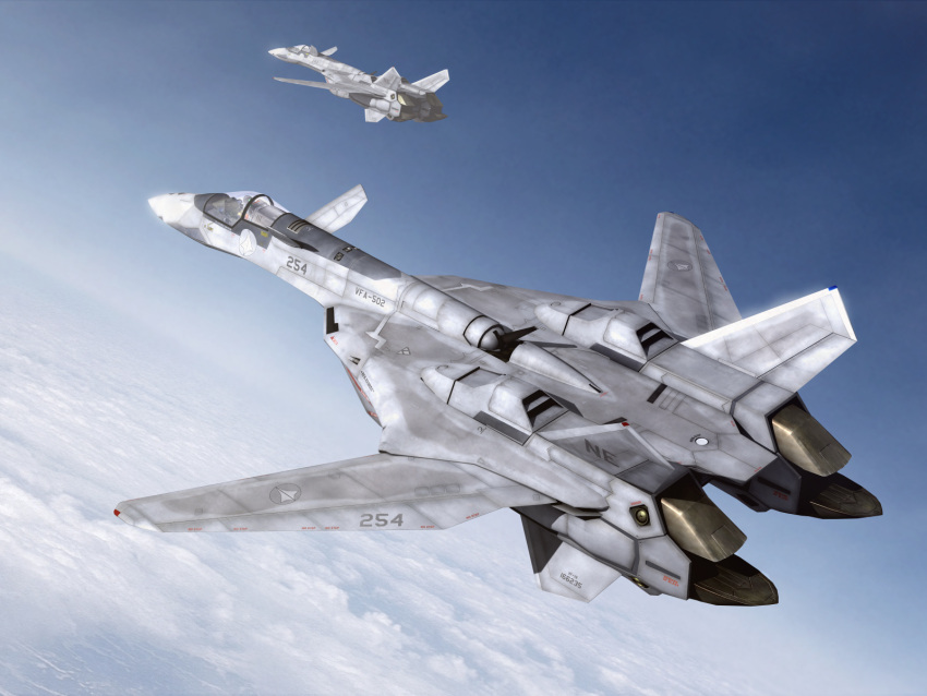 cloud clouds flying highres jet macross macross_7 macross_plus mecha realistic ringpull sky u.n._spacy vf-19 yf-19