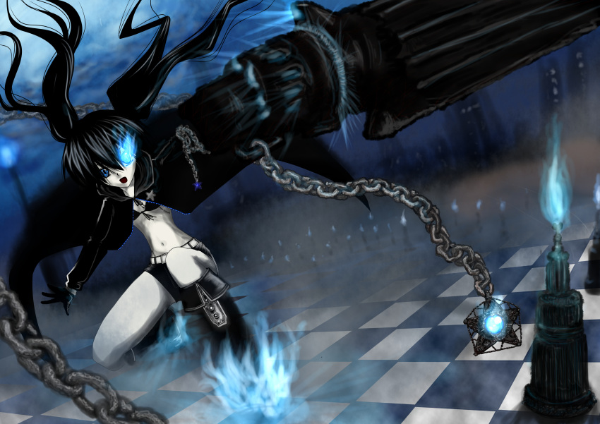 arm_cannon bikini_top black_hair black_rock_shooter black_rock_shooter_(character) blue_eyes boots chain coat glowing glowing_eyes highres long_hair midriff navel pale_skin scar shorts solo superuezou twintails very_long_hair weapon