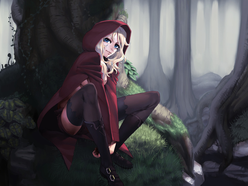 blue_eyes boots cozy forest hooded_jacket legs lips nature no_bra original roots shorts sitting solo thigh-highs thighhighs tree