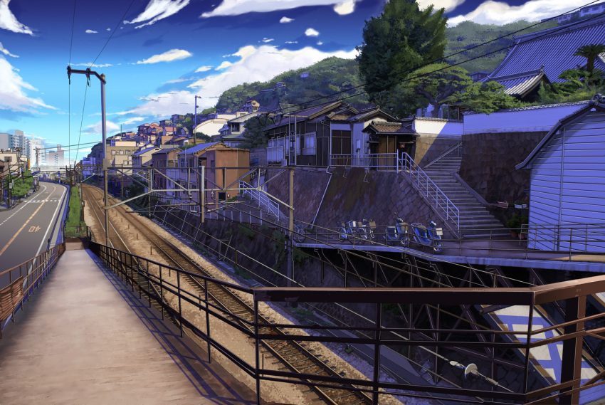 cityscape cloud clouds forest nature onomichi_(city) photorealistic power_lines railroad_tracks real_world_location scenery sky stairs sunlight teirumon tree