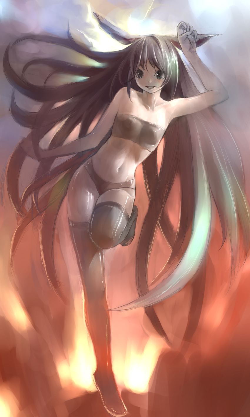 bandeau bikini black_eyes black_hair brown_eyes fire green_hair highres legs long_hair original shiny shiny_clothes shiny_skin solo swimsuit thigh-highs thighhighs tubetop very_long_hair zrero