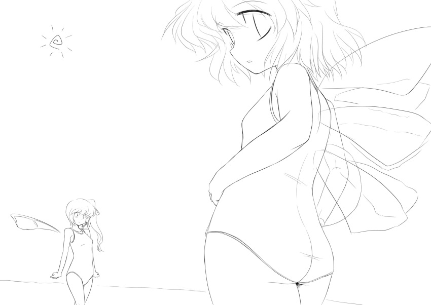 ass bad_id cirno daiyousei highres kakkou lineart monochrome multiple_girls one-piece_swimsuit swimsuit touhou wings