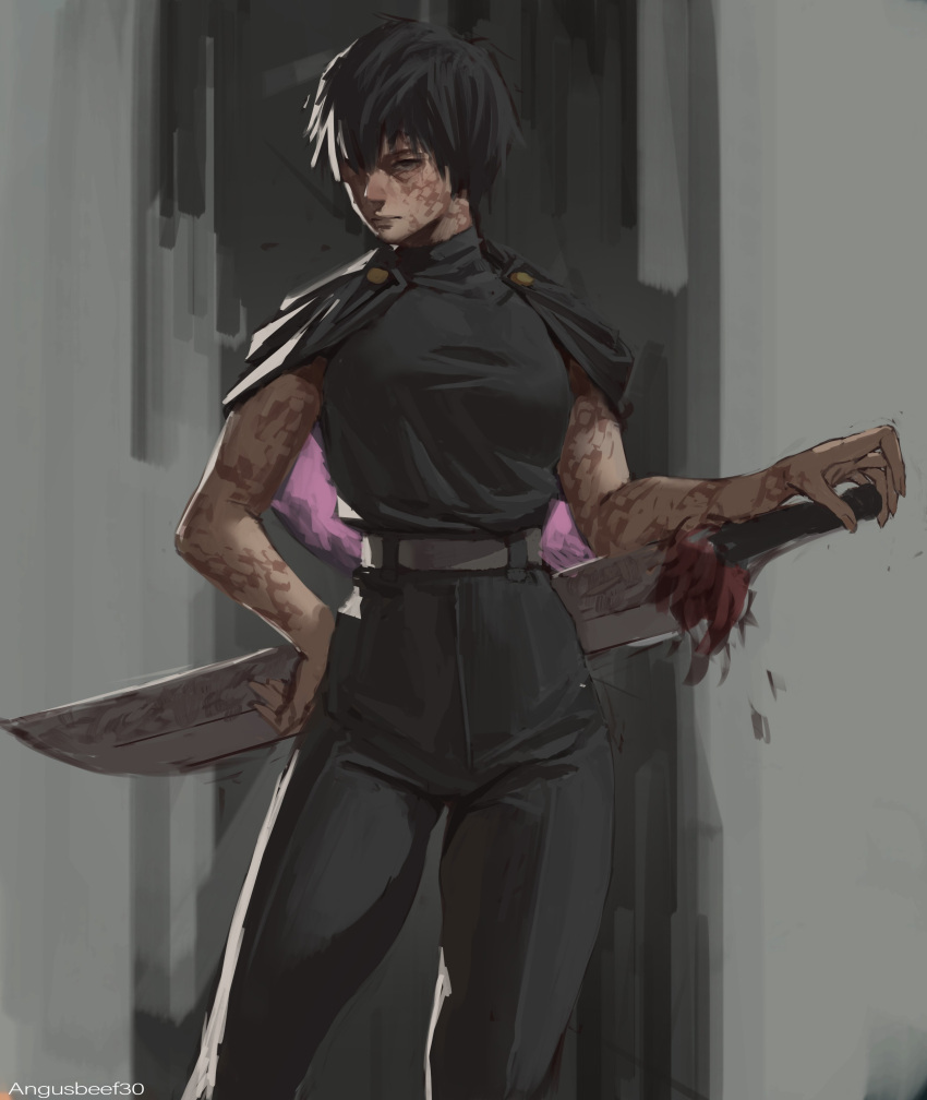 1girl absurdres angusbeef30 black_jacket burn_scar high-waist_pants highres jacket jujutsu_kaisen jujutsu_tech_uniform looking_at_viewer muscular muscular_female pants scar scar_on_arm scar_on_face short_hair solo sword weapon zen'in_maki